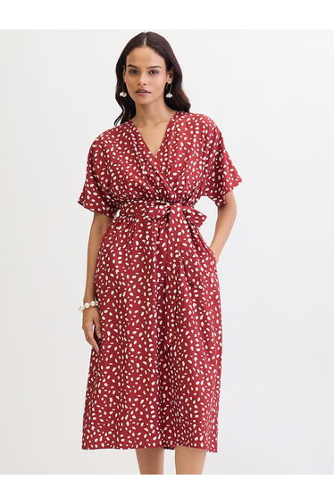 Red Spot Print Wrap Midi Dress