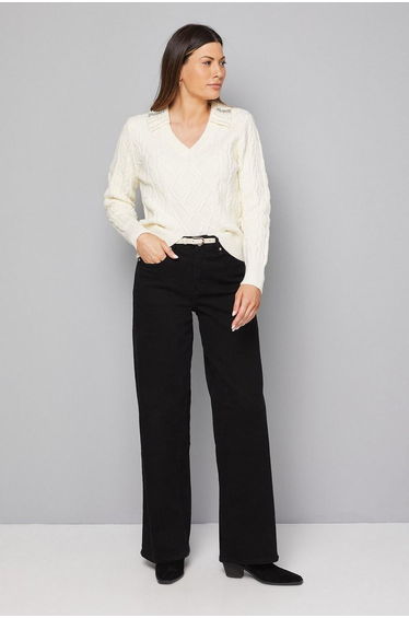 Cable Embellished Polo Collar Jumper