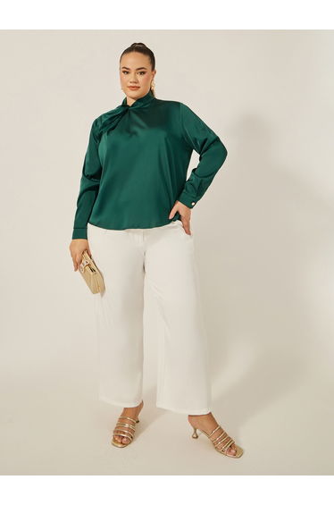 Plus Size Satin Twist Neck Regular Fit Blouse