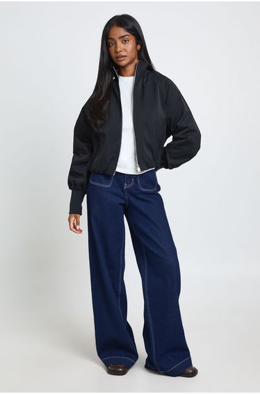 Funnel Neck Zip Through Bomber - black
