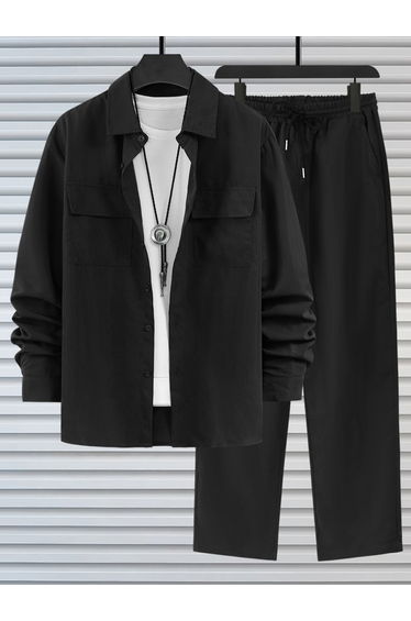 Men Black Casual Shirt and Drawstring Pants Co-ords