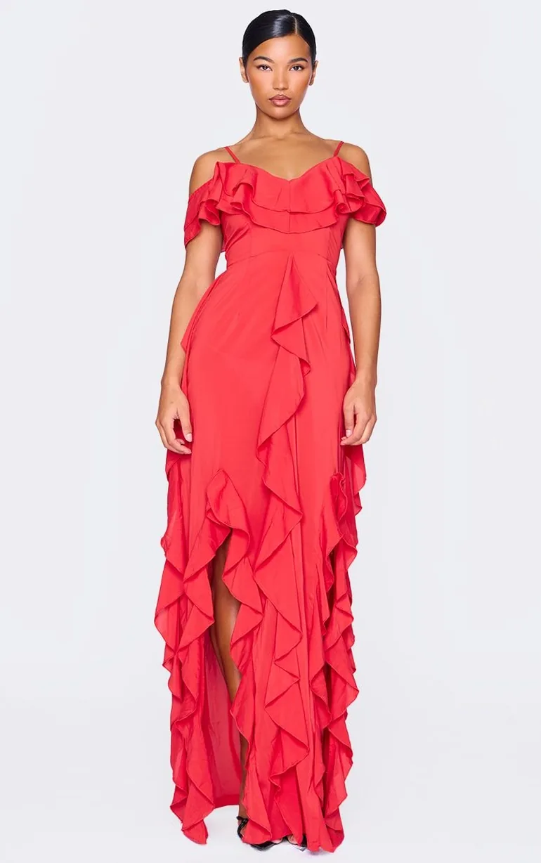 Red Cold Shoulder Ruffle Detail Maxi Dress - 3