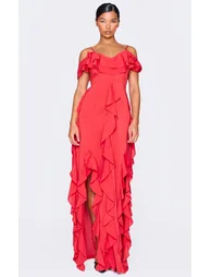 Red Cold Shoulder Ruffle Detail Maxi Dress - 3