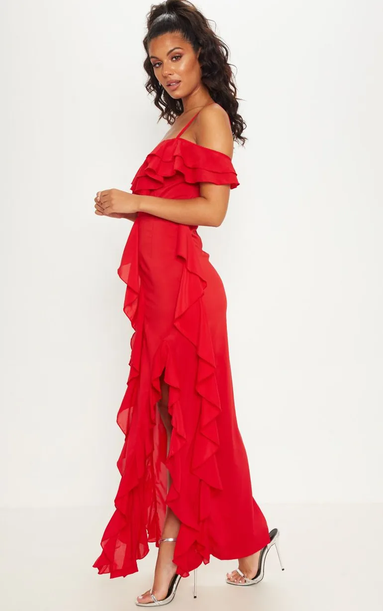 cold shoulder ruffle detail maxi dress Lemon Cold Shoulder Ruffle Detail Maxi Dress