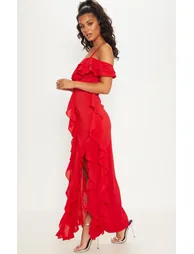 Red Cold Shoulder Ruffle Detail Maxi Dress