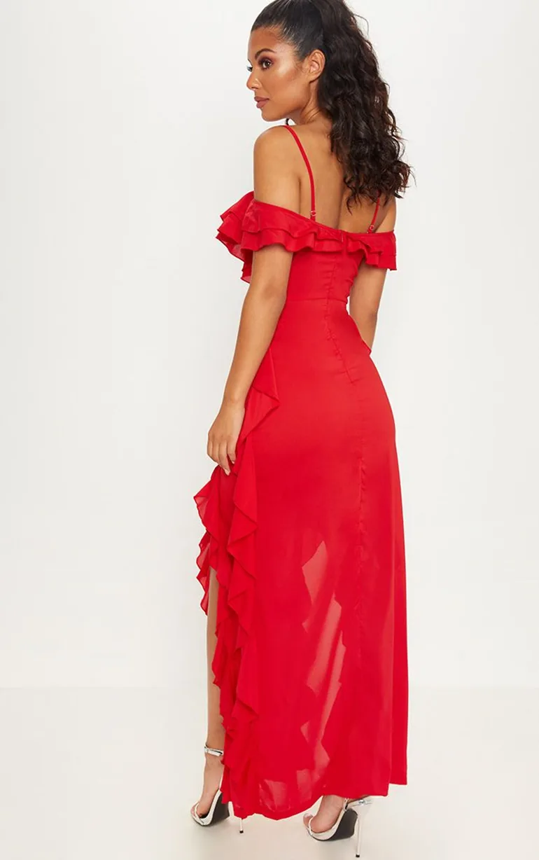 Red Cold Shoulder Ruffle Detail Maxi Dress - 1