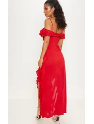 red cold shoulder ruffle detail maxi dress Cold Shoulder Ruffle Detail Woven Wrap Maxi Dress For Women at Saudi