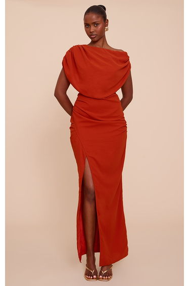Rust Chiffon Cowl Neck Maxi Dress