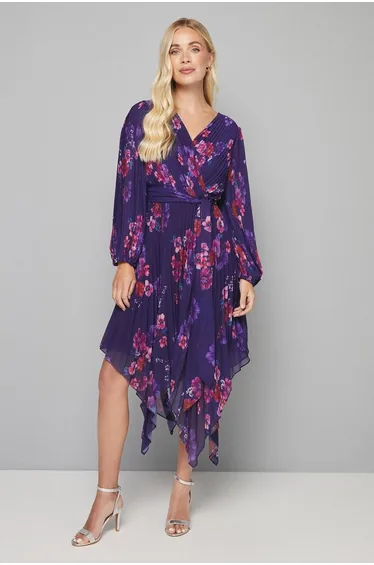 Petite Floral Pleated Asymmetric Wrap Dress
