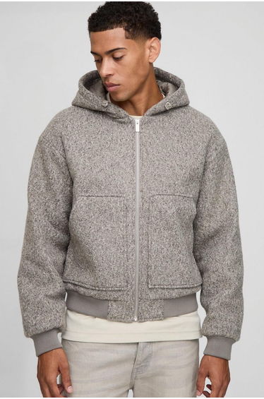Oversized Boxy Hooded Melton Bomber Jacket - taupe