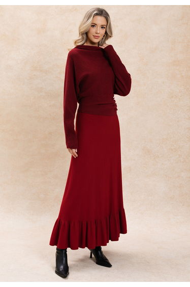 Urban Tenderness Ruffled Hem Knit Maxi Skirt in Red