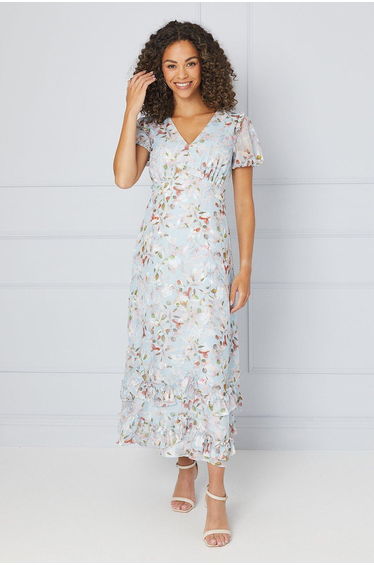 Floral Satin Ruffle Hem Midaxi Dress