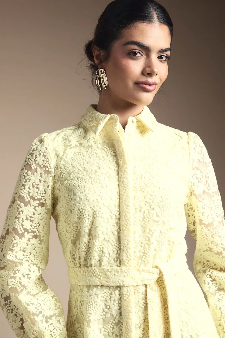 Embroidered Floral Organza Shirt Midi Dress - 3