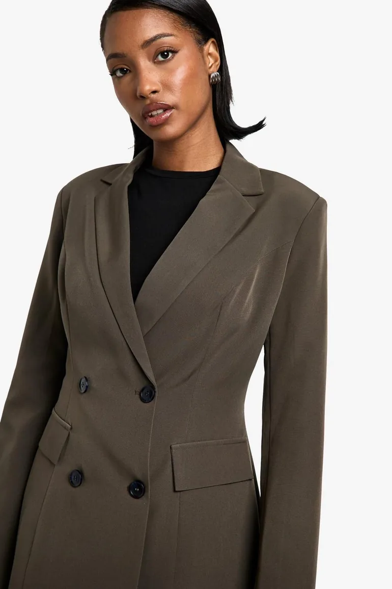 Woven Tailored Cinched Blazer - grey-khaki - 3