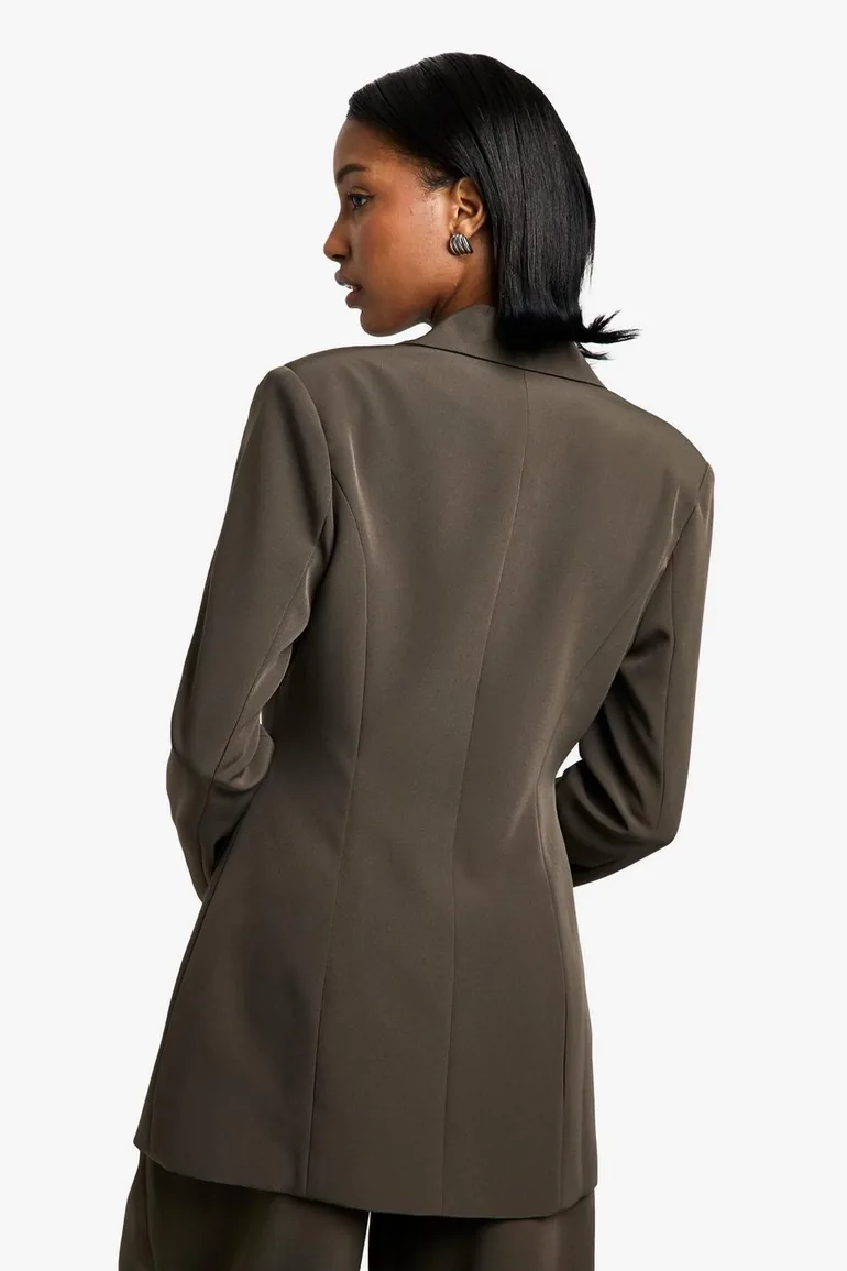 Woven Tailored Cinched Blazer - grey-khaki - 2