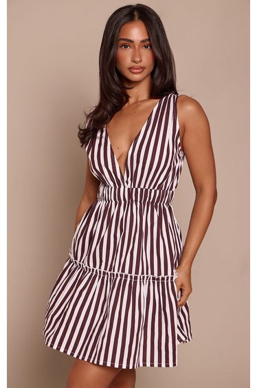 Petite Chocolate Stripe Ruffle Seam V Neck Linen Mini Dress