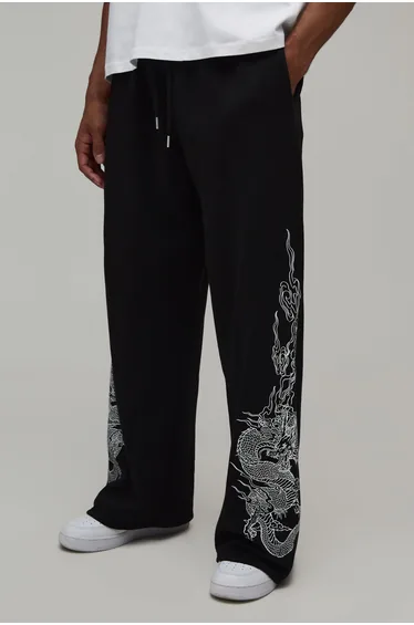 Wide Leg Dragon Print Jogger - black