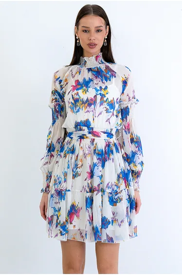 Women's Ecru-Sax High Collar Gipe Detailed Lined Summer Chiffon Dress