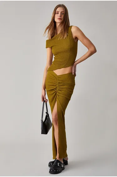 GRIMELANGE BONIA Women's Slim Fit Knitted Skirt with Slit Detail in Green