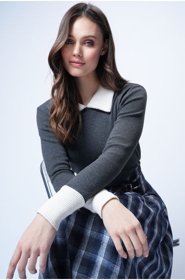 Women's Anthracite Shirt Collar Color Block Ribbed Knit Blouse