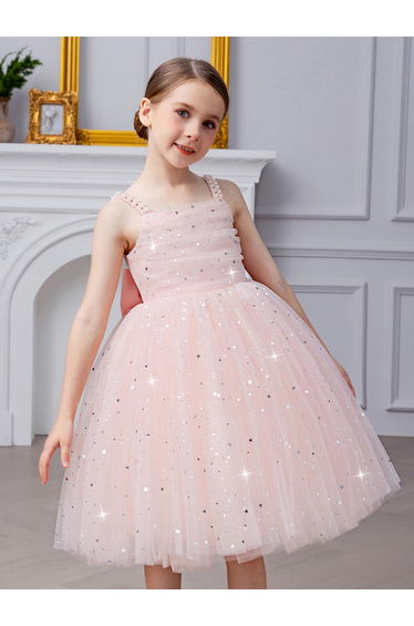 Girls Bow Detail Embellished Mesh Dress