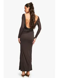 Petite Drape Back Detail Long Sleeve Maxi Dress - chocolate - 1