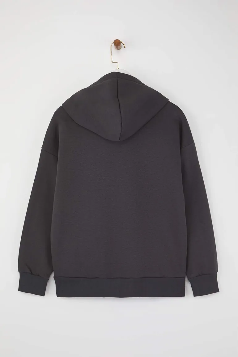 Anthracite Oversize/Wide Pattern Embroidered Thick Inside Polar Fleece Knitted Sweatshirt - 1