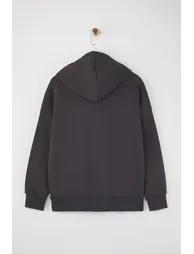 Anthracite Oversize/Wide Pattern Embroidered Thick Inside Polar Fleece Knitted Sweatshirt - 1