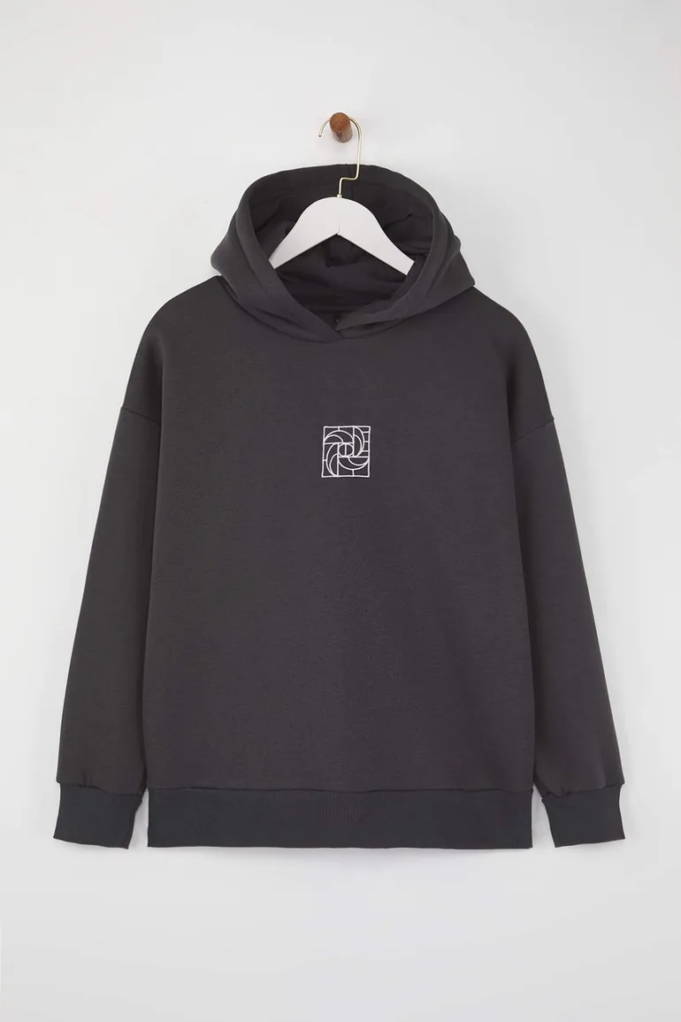 Anthracite Oversize/Wide Pattern Embroidered Thick Inside Polar Fleece Knitted Sweatshirt