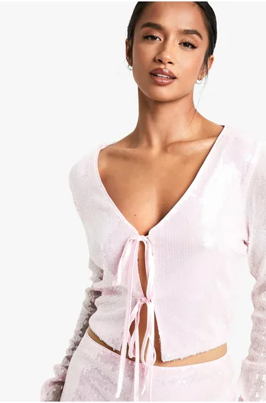 Petite Sequin Tie Front Top - pink