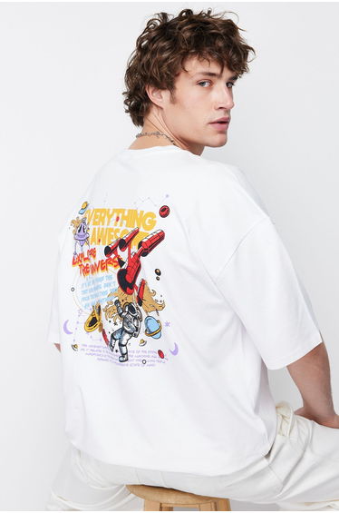 White Men's Oversize Space Printed 100% Cotton T-Shirt