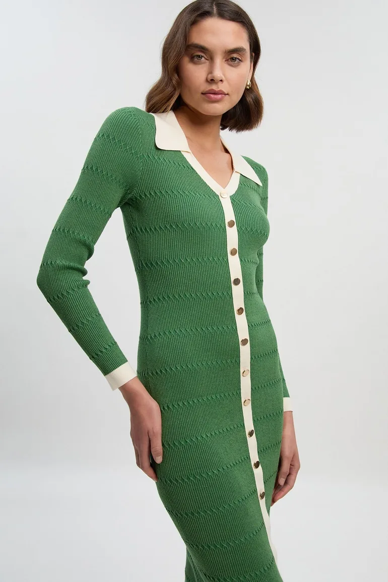 Viscose Rib Stitch Detail Contrast Colour Button Knit Midi Dress - 1