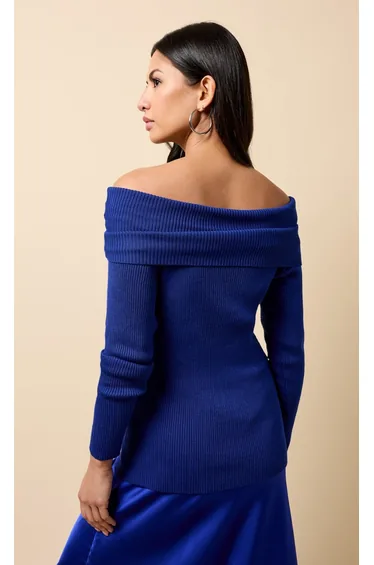 سترة ليتل مسترس أزرق محبوك بأكمام طويلة بلا أكتاف