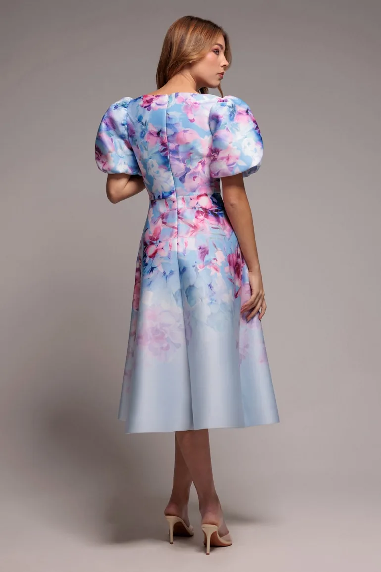 Goddiva Printed Scuba Square Neck Puff Sleeve Midi Dress - Blue - 1