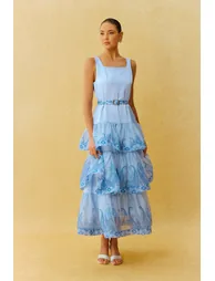Forever Yours Blue Paisley Print Square Neck Tiered Maxi Dress