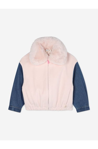 Billieblush Girls Faux Fur Collar and Denim Sleeve Jacket in Pink
