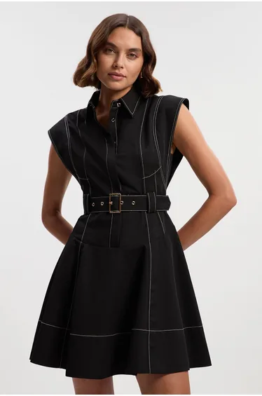 Twill Contrast Hardware High Neck Woven Midi Dress