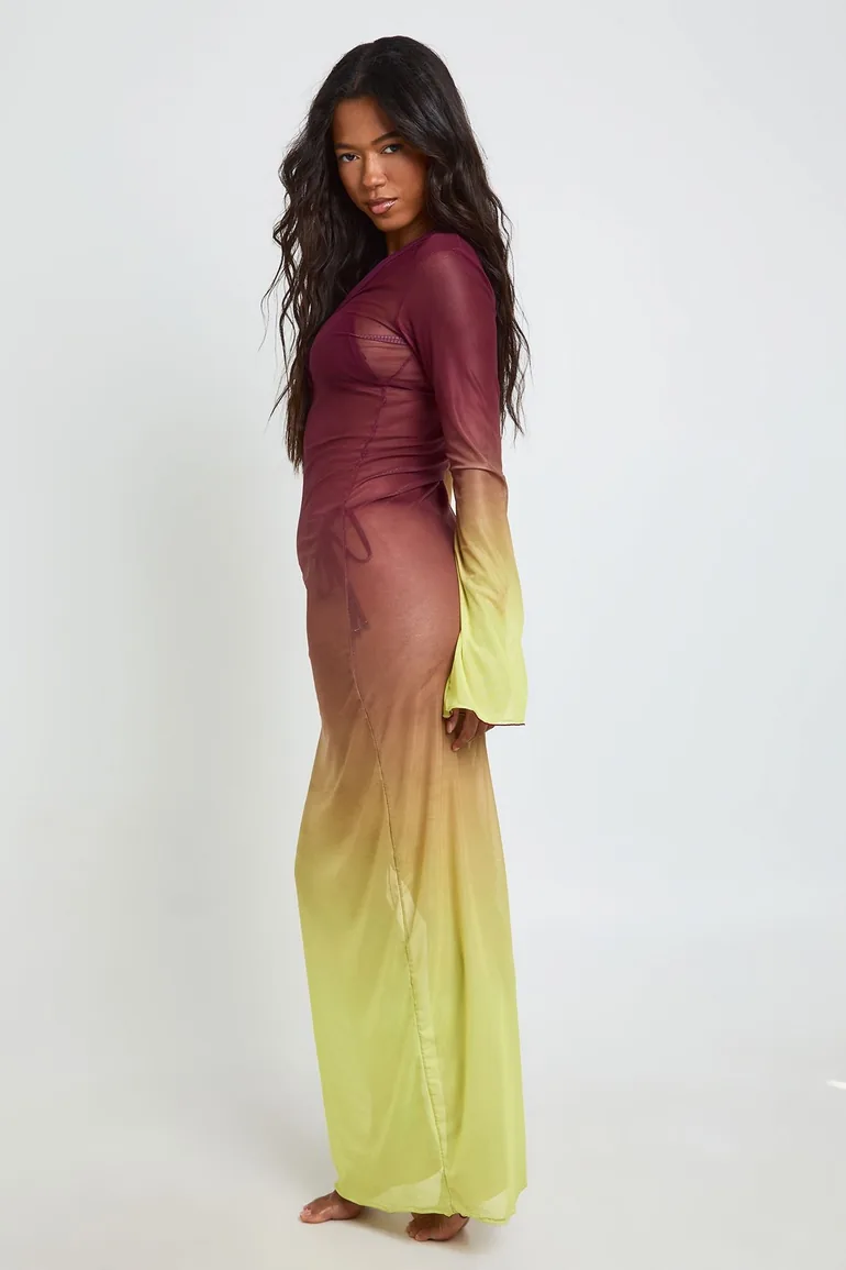 Ombre Cut Out Sheer Mesh Long Sleeve Beach Maxi Dress - multi - 2