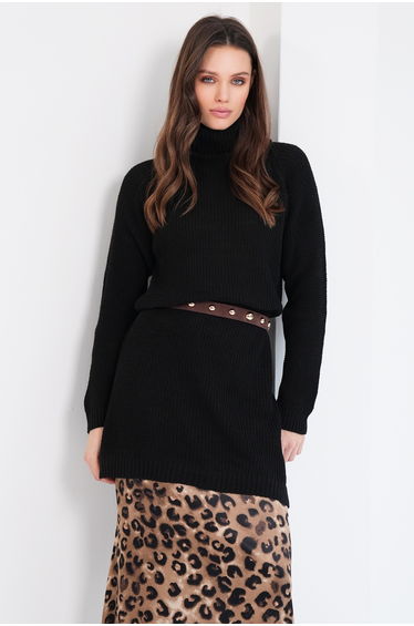 Women's Black Turtleneck Thessaloniki Knitted Side Slit Knitwear Long Sweater