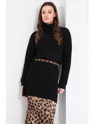 Women's Black Turtleneck Thessaloniki Knitted Side Slit Knitwear Long Sweater - 1