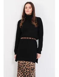 Women's Black Turtleneck Thessaloniki Knitted Side Slit Knitwear Long Sweater - 2