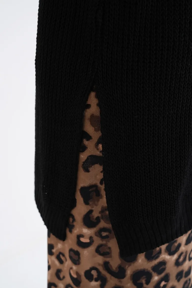 Women's Black Turtleneck Thessaloniki Knitted Side Slit Knitwear Long Sweater - 4