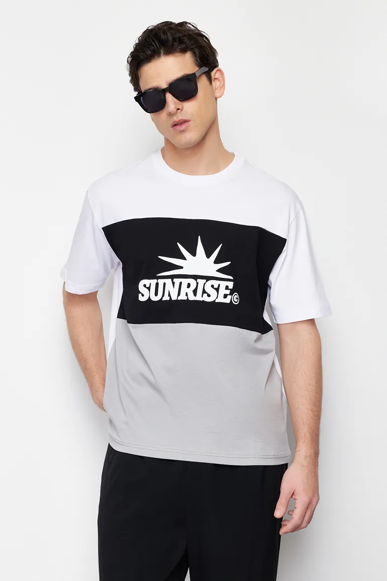 Black Men's Relaxed/Casual Cut Text Printed Color Blocked Cotton Short Sleeve T-Shirt - 1