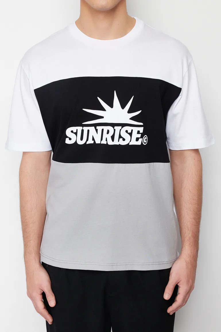 Black Men's Relaxed/Casual Cut Text Printed Color Blocked Cotton Short Sleeve T-Shirt - 2