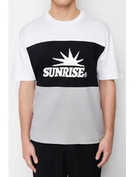 Black Men's Relaxed/Casual Cut Text Printed Color Blocked Cotton Short Sleeve T-Shirt - 2