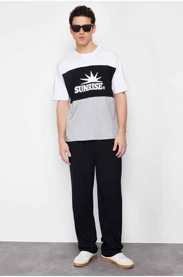 Black Men's Relaxed/Casual Cut Text Printed Color Blocked Cotton Short Sleeve T-Shirt