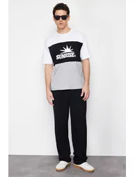 Black Men's Relaxed/Casual Cut Text Printed Color Blocked Cotton Short Sleeve T-Shirt