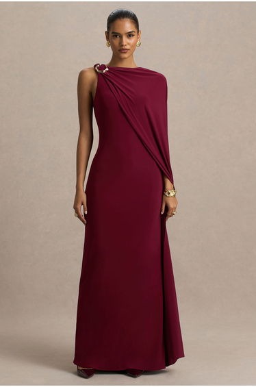 Cressida | Burgundy Asymmetric-Neck Maxi Dress With Cape