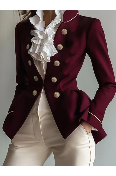 Long Sleeves Skinny Buttoned Solid Color Split-Joint Stand Collar Blazer Outerwear