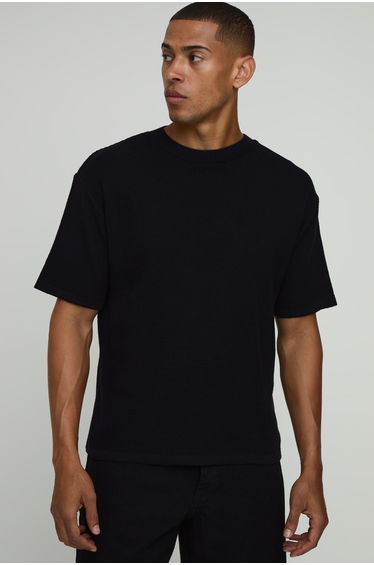 Regular Fit Waffle Knitted T-Shirt - black